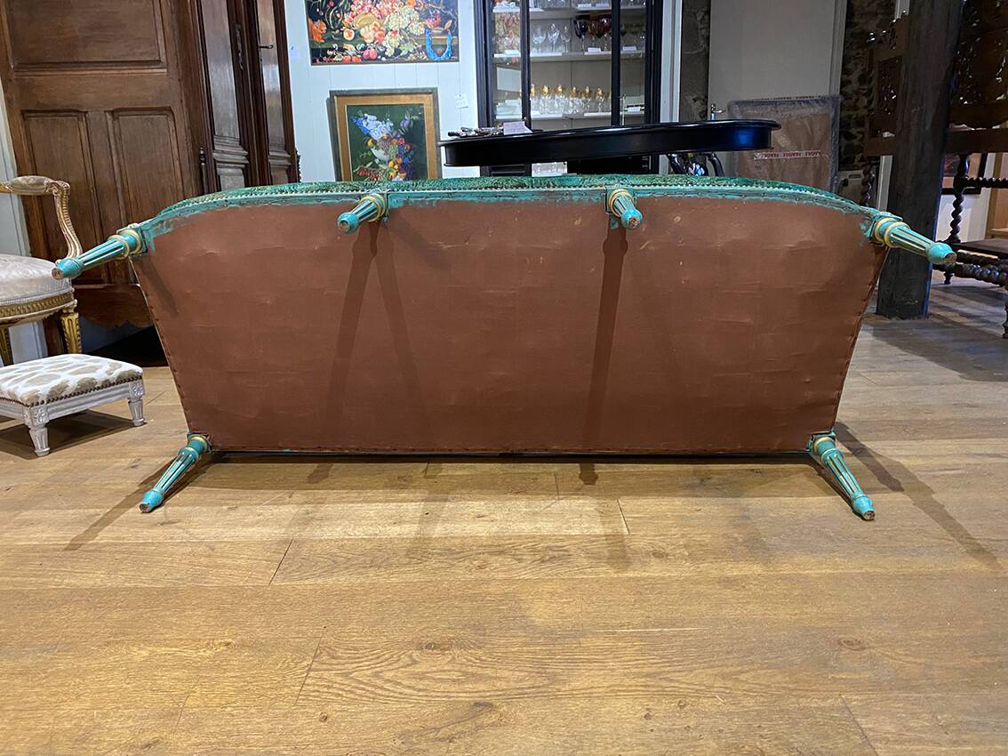 Louis XVI style bench in blue lacquered wood with gold trim