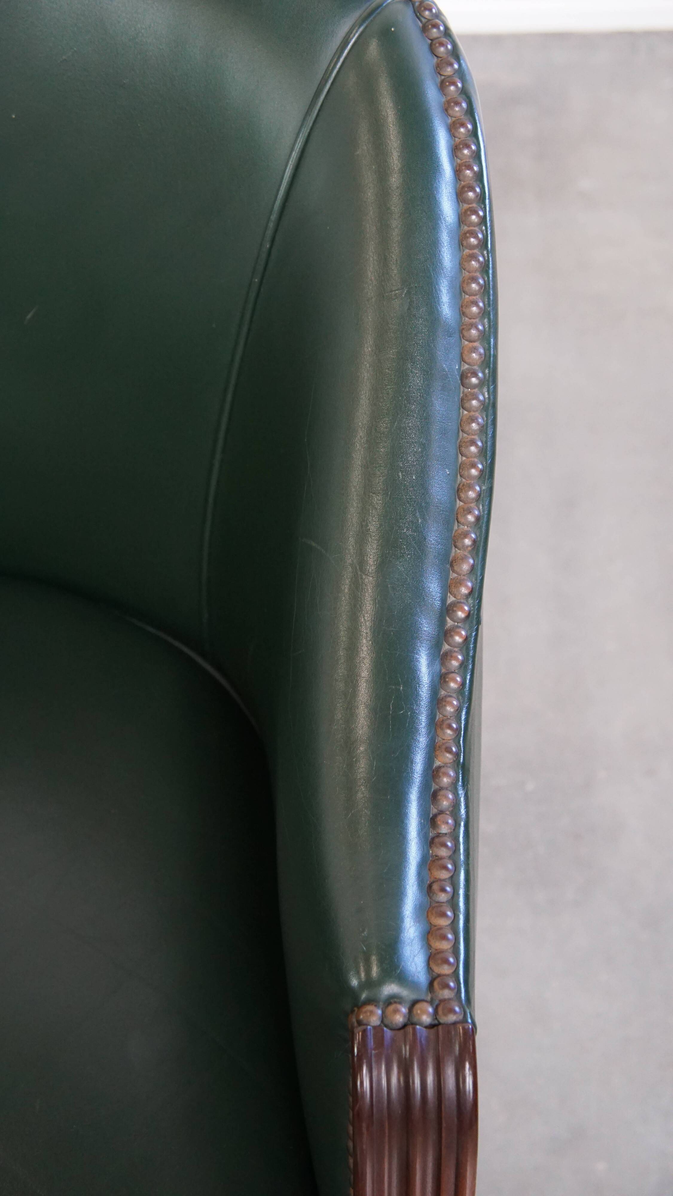 Set of 2 Green Cowhide Leather and Wooden Side/Dining/Office Chairs