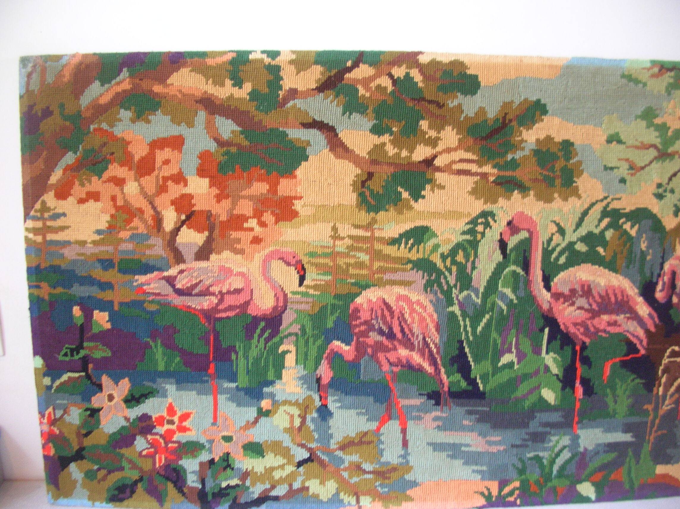 Old canvas tapestry made from a group of pink flamingos 102 cm vintage decoration 1970