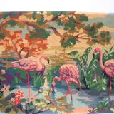 Old canvas tapestry made from a group of pink flamingos 102 cm vintage decoration 1970