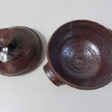 coffee service in iridescent stoneware cups and vintage sugar bowl