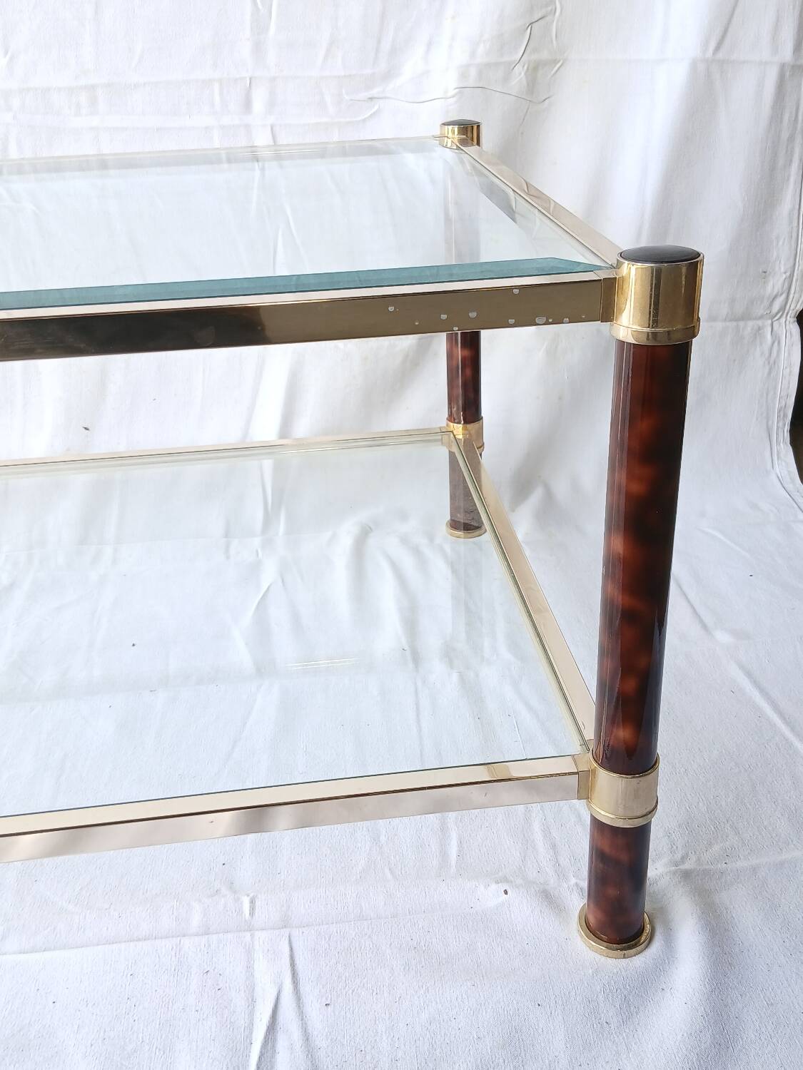 70s glass and brass coffee table