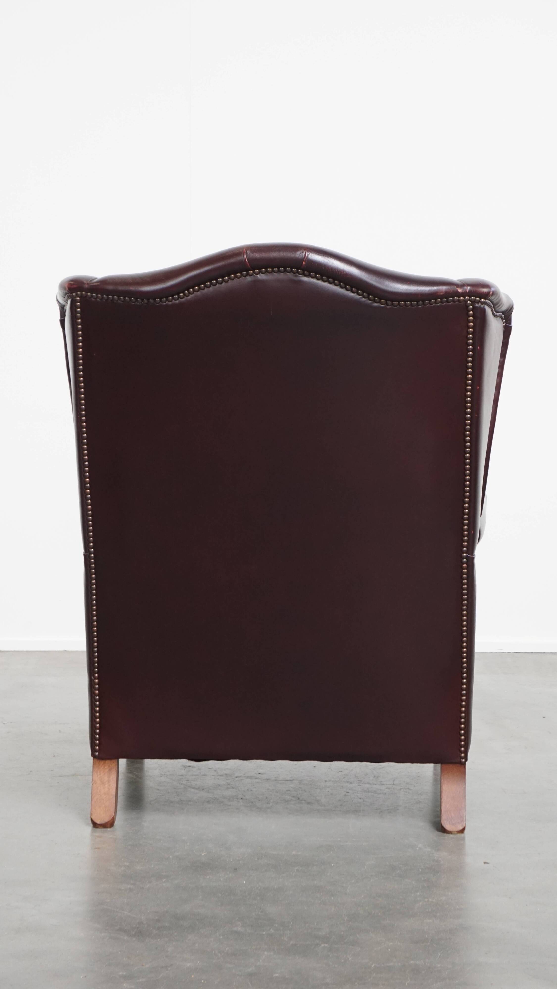 Bordeaux Red Cowhide Leather Wingback Chair in English Style