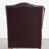 Bordeaux Red Cowhide Leather Wingback Chair in English Style