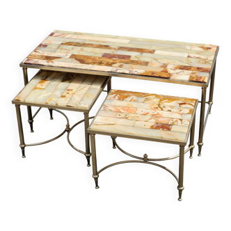 Set of 1 Onyx Marble Coffee Table and 2 Side Tables - Regency Style - 70s