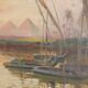 Ancient painting of an exotic landscape with pyramids and figures from the 1800s.