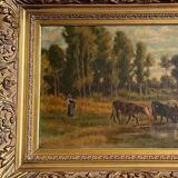 Watering cows painting signed E. Debat Ponsan 1906