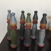 Set of Moulin Roty brand wooden bowling on roller cart, limited series.