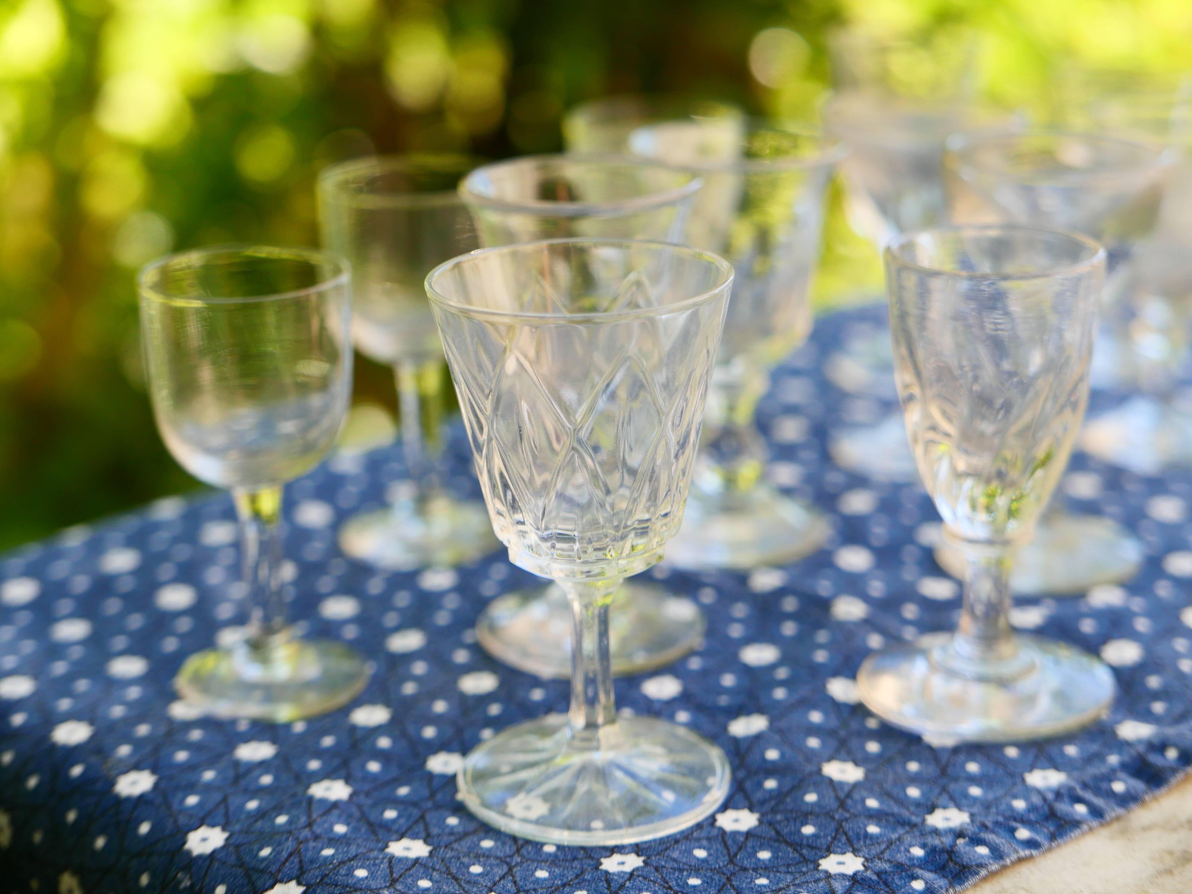 Assortment of 15 mismatched vintage liqueur glasses