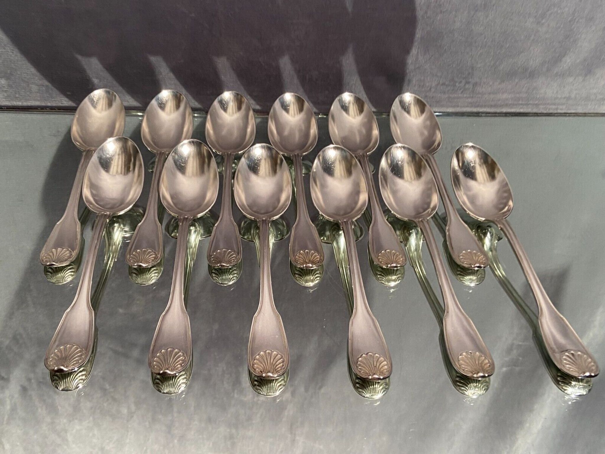 Suite of 12 large spoons silver metal decoration shell Louis XV Boulenger