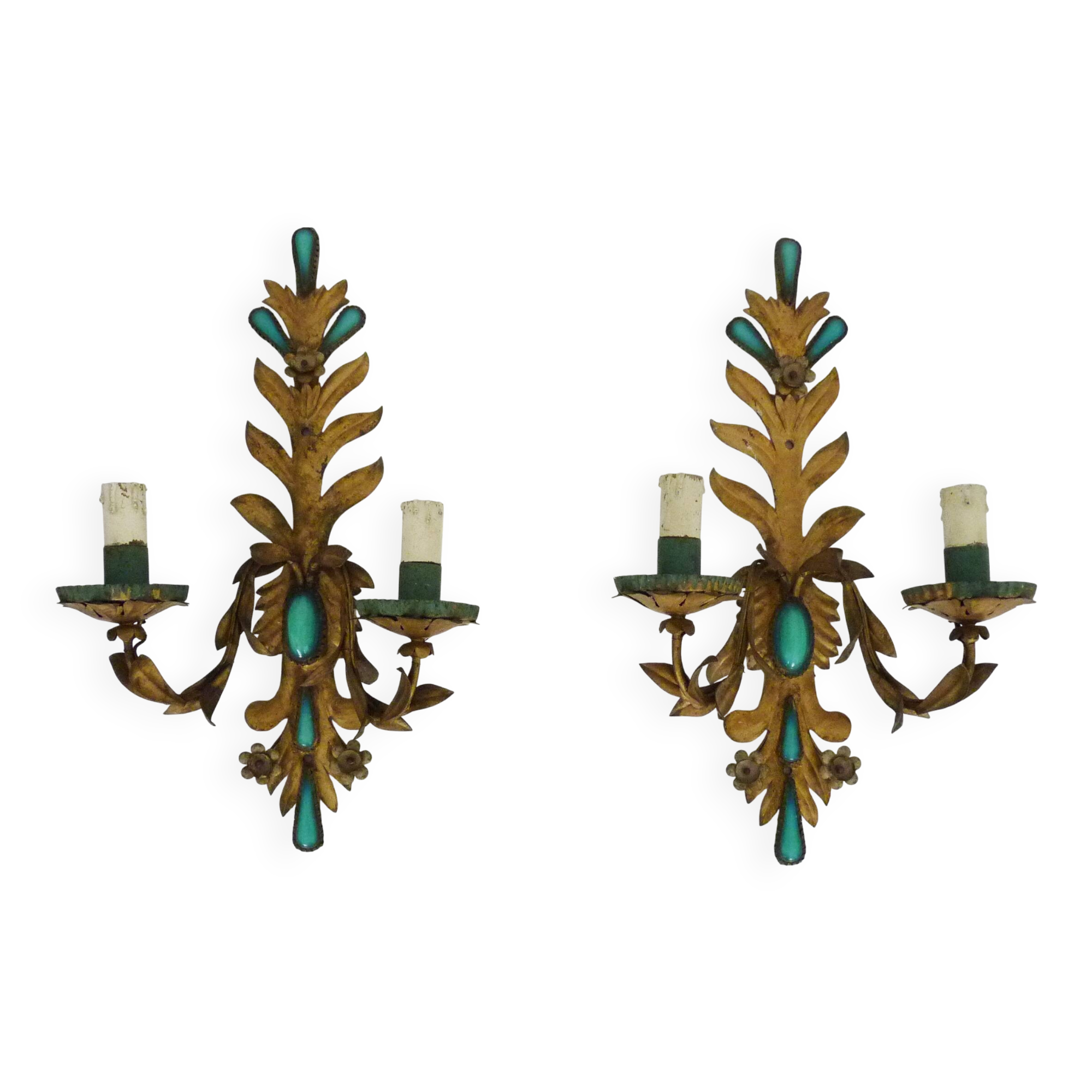 Pair of gold metal wall lights with turquoise glass inlay. 70