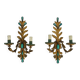 Pair of gold metal wall lights with turquoise glass inlay. 70