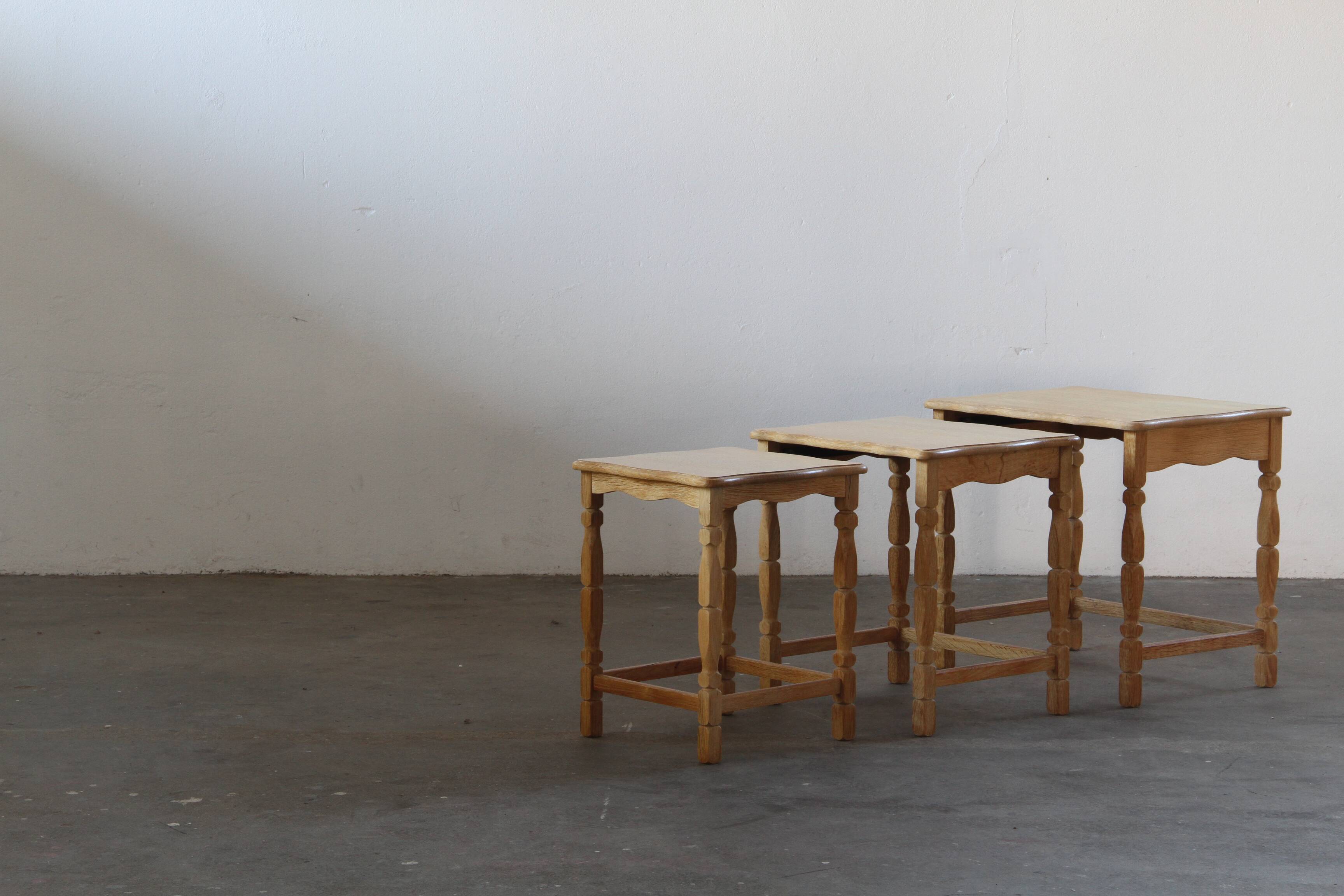 Vintage 1970s set of 3 Nesting / Stacking Oak Tables, style of Henning Kjær