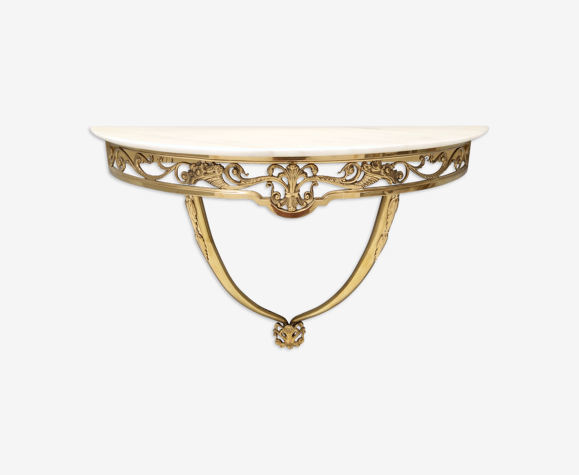 Wall-Mounted Brass Console Table with Demilune Portuguese Pink Marble Top,  Italy | Selency