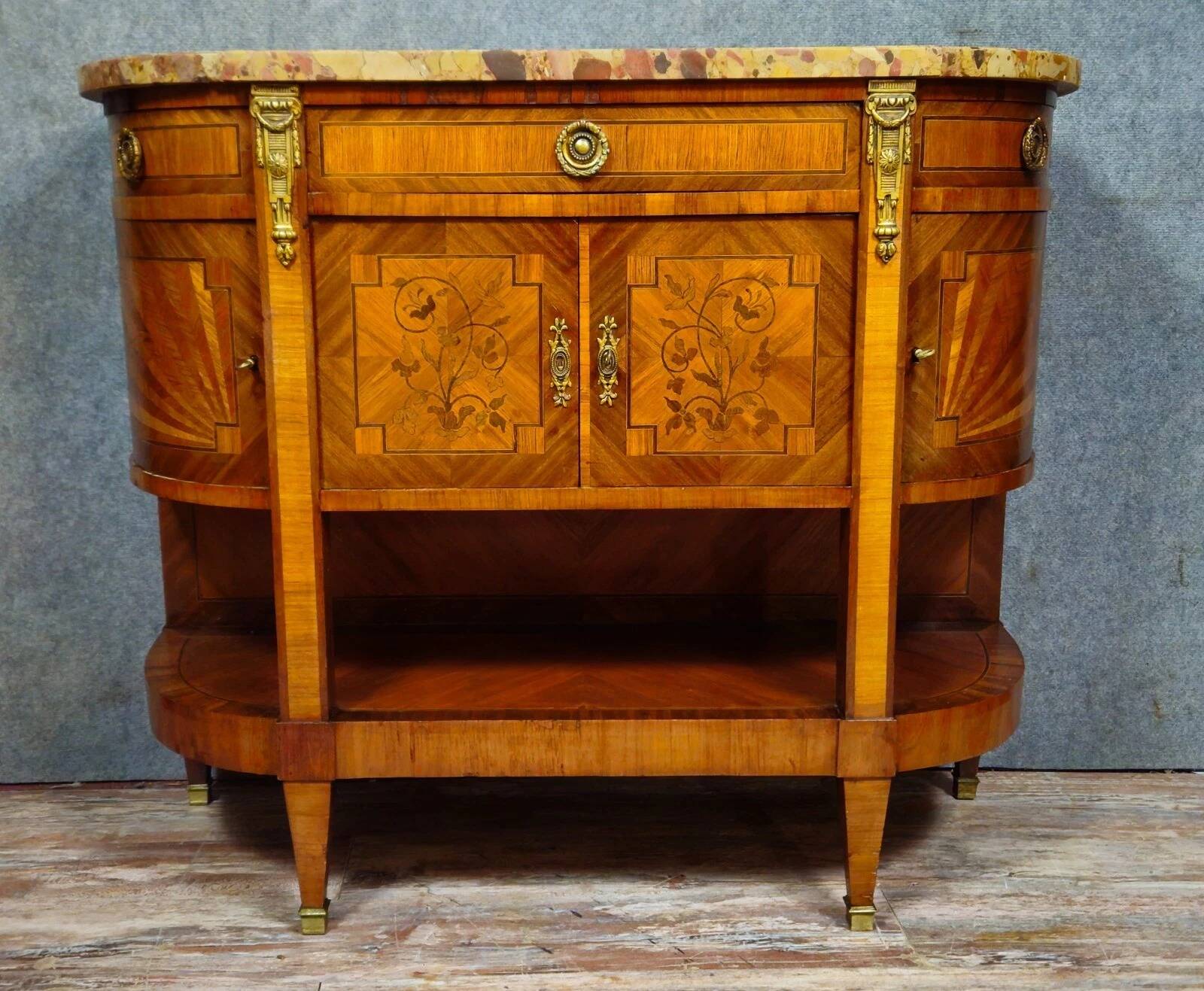 Commode / Half-moon sideboard inlaid – Marble top – Louis XVI style -