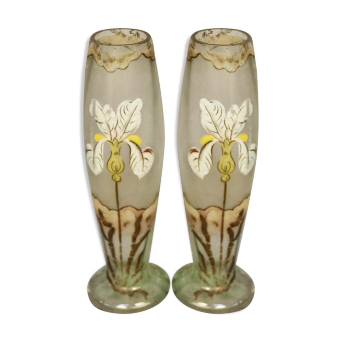 Pair of glass vases with iris enamelled decor