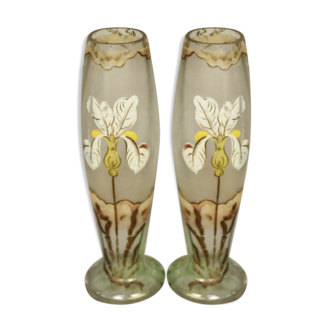 Pair of glass vases with iris enamelled decor