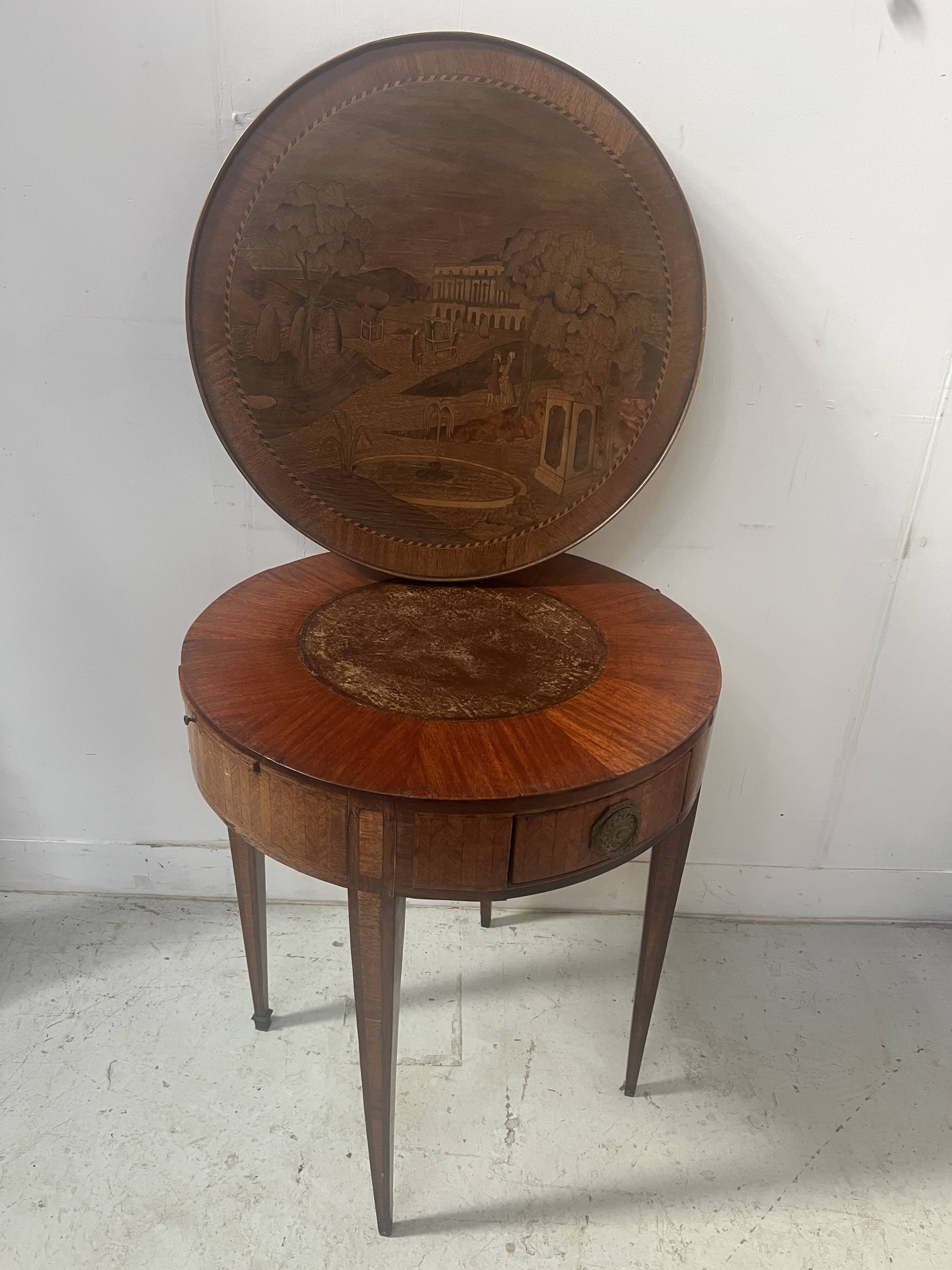 Louis XVI style marquetry pedestal table with removable top, 20th century
