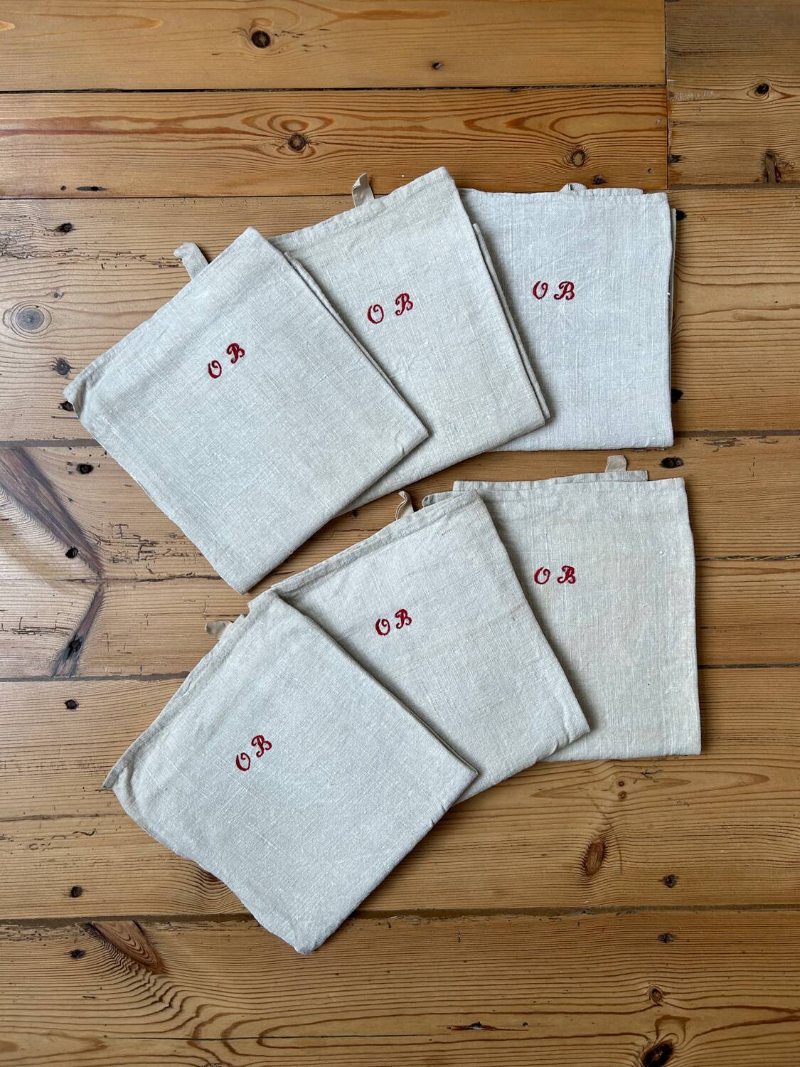 Set of 6 antique monogrammed linen tea towels