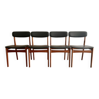 Set of 4 Teak and Black Vinyl Dining Chairs