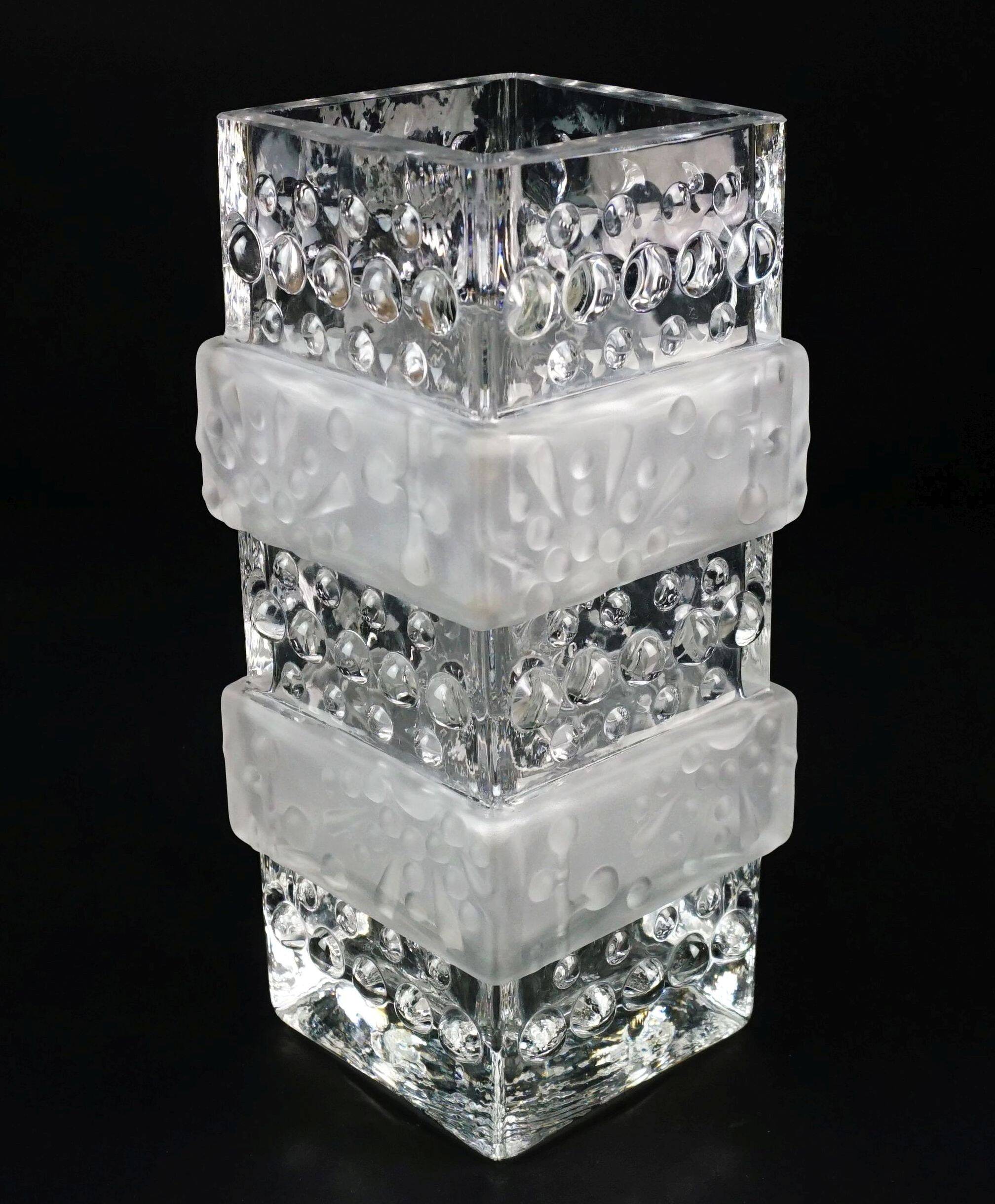 Vintage glass vase, block vase, textured surface, relief decoration