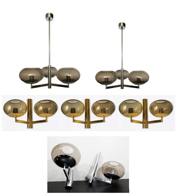 Luminaires, lustres et appliques Gaétano Sciolari années 70 - lot de 7