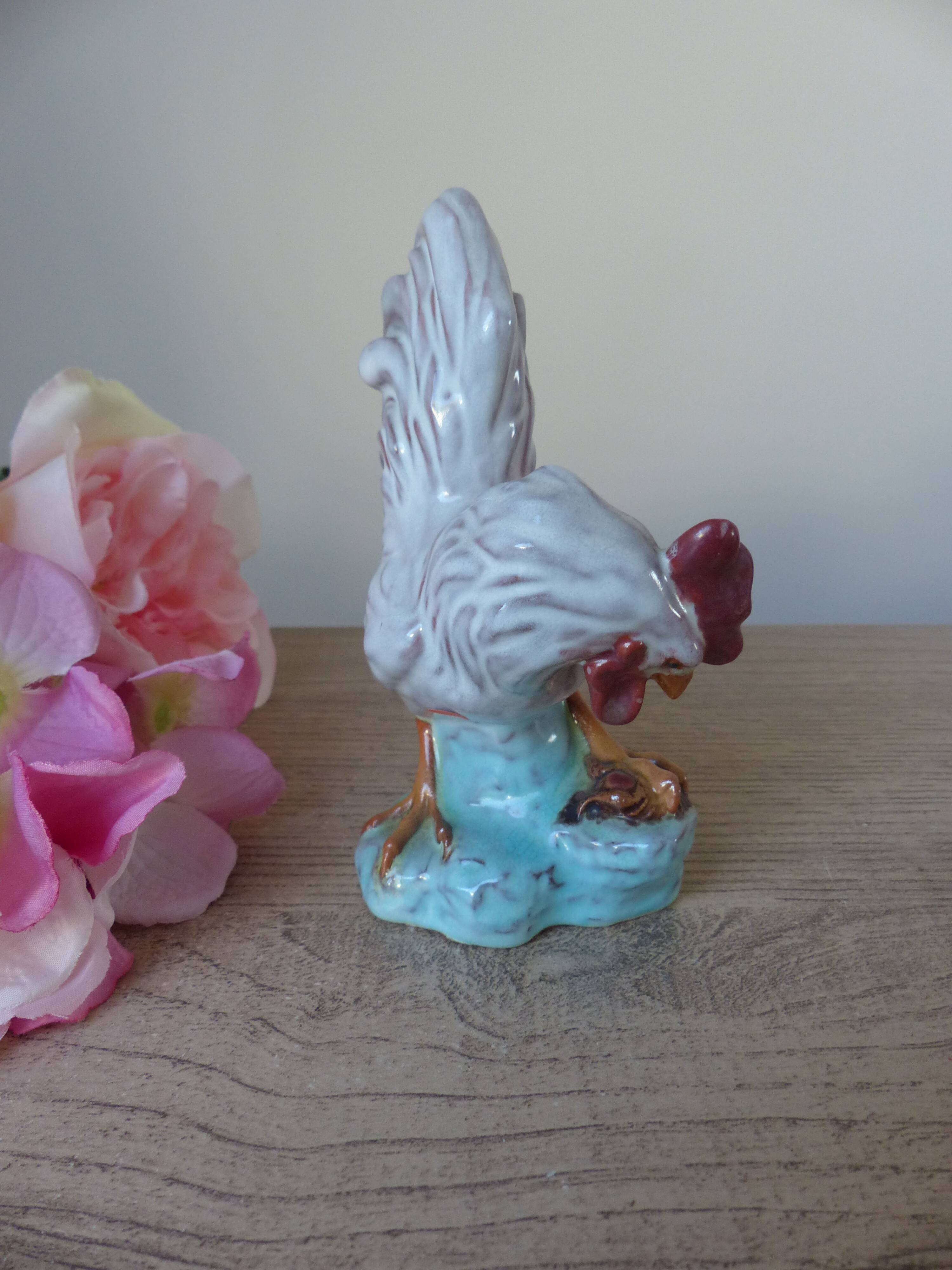 Pottery rooster figurine, rooster statuette, vintage country house decoration