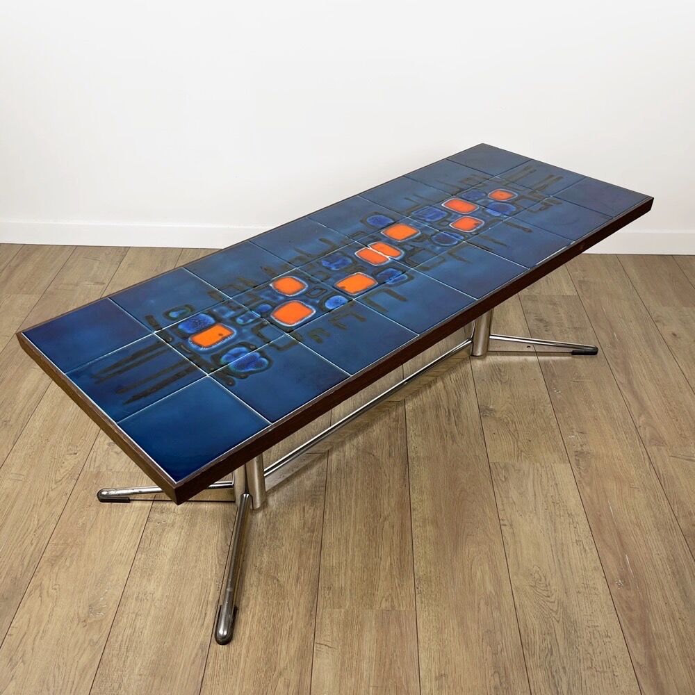 Blue ceramic table and chrome 70's