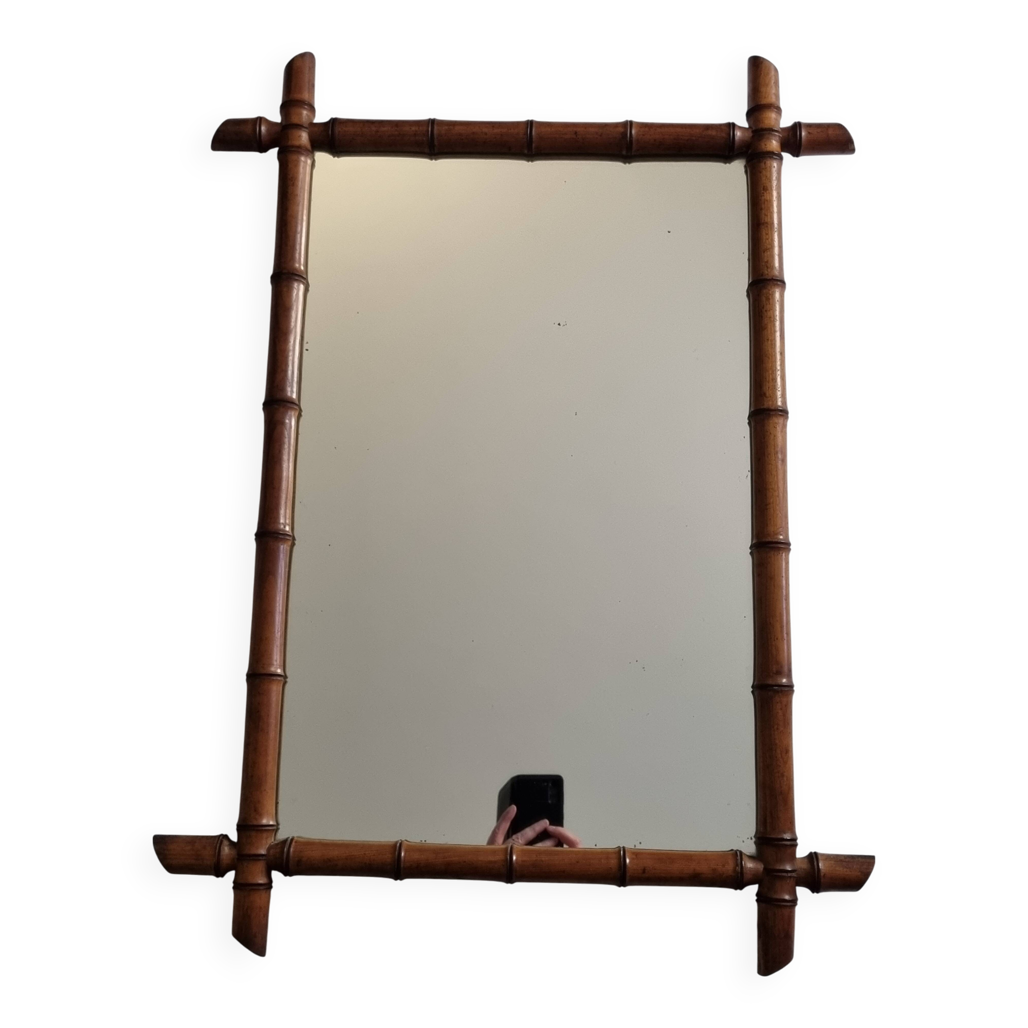 Large turned wooden bamboo mirror, 55 x 78 cm, circa 1900