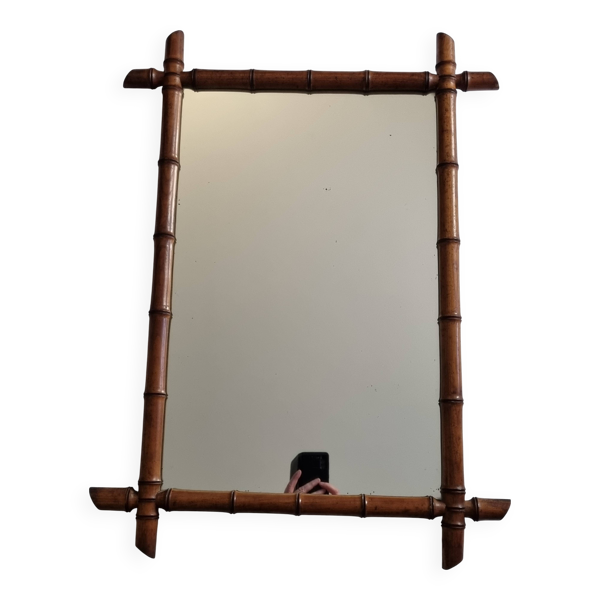 Grand miroir bambou en bois tourné, 55 x 78 cm, vers 1900