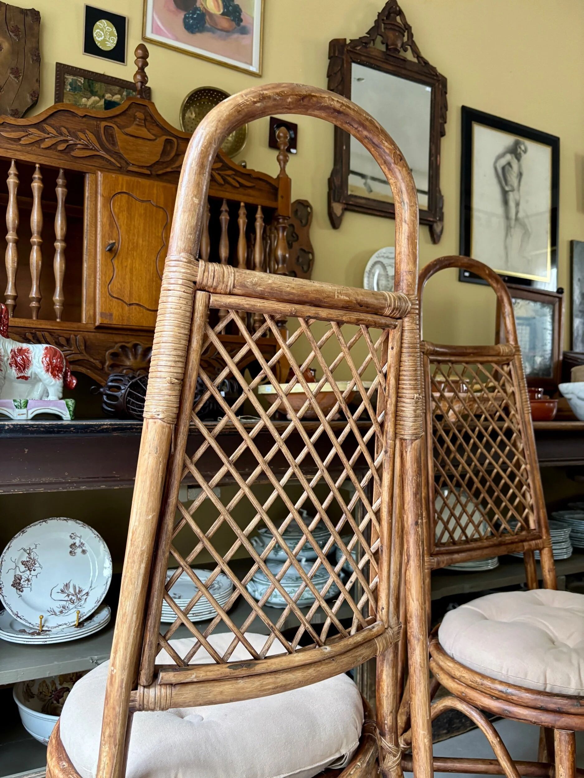 4 bent bamboo and rattan chairs