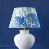Blue and white ceramic table lamp, William Morris Acanthus shade, Dutch vintage.