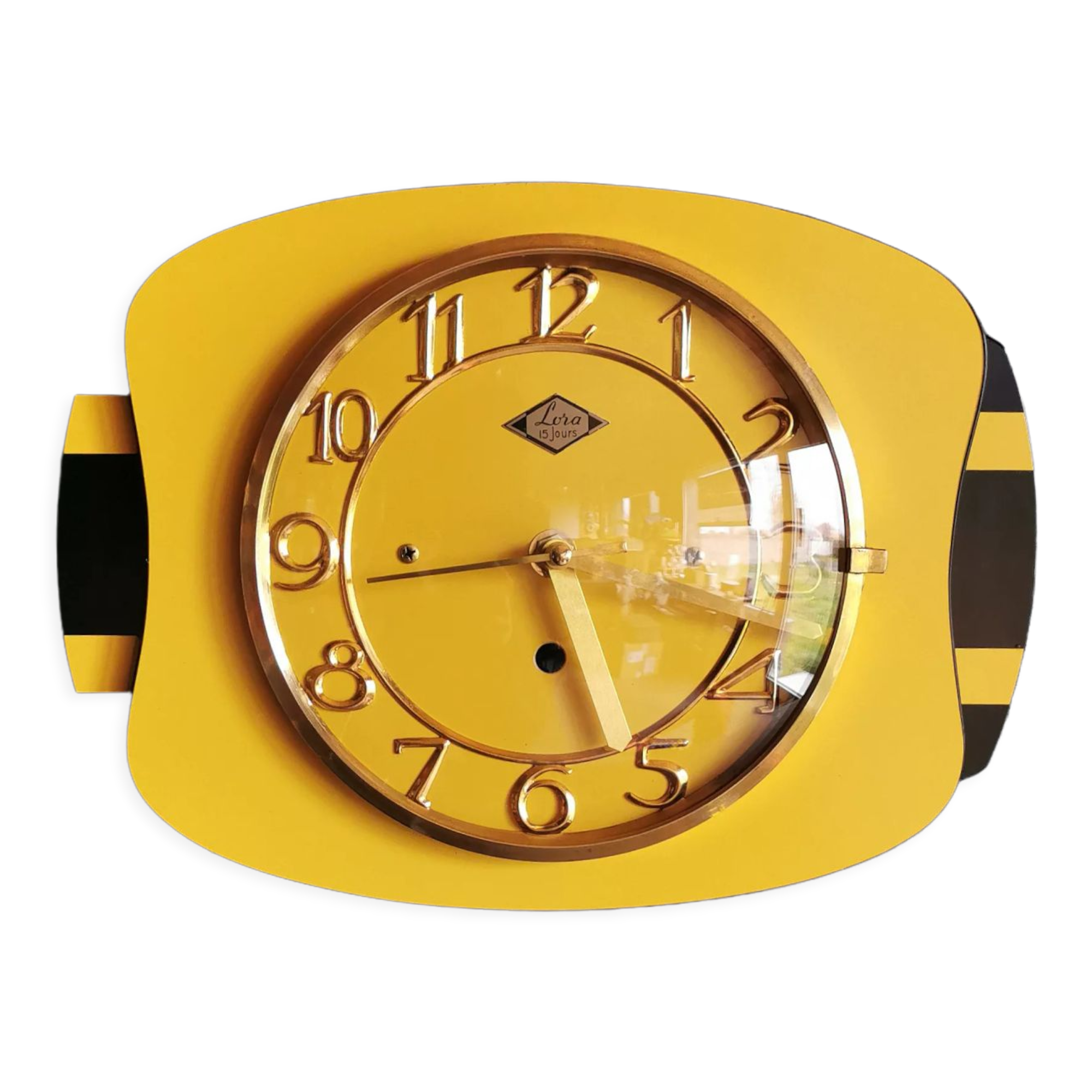 Vintage formica clock rectangular silent wall clock "Lora yellow black"