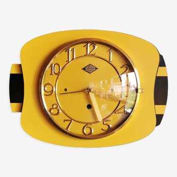 Vintage formica clock rectangular silent wall clock "Lora yellow black"