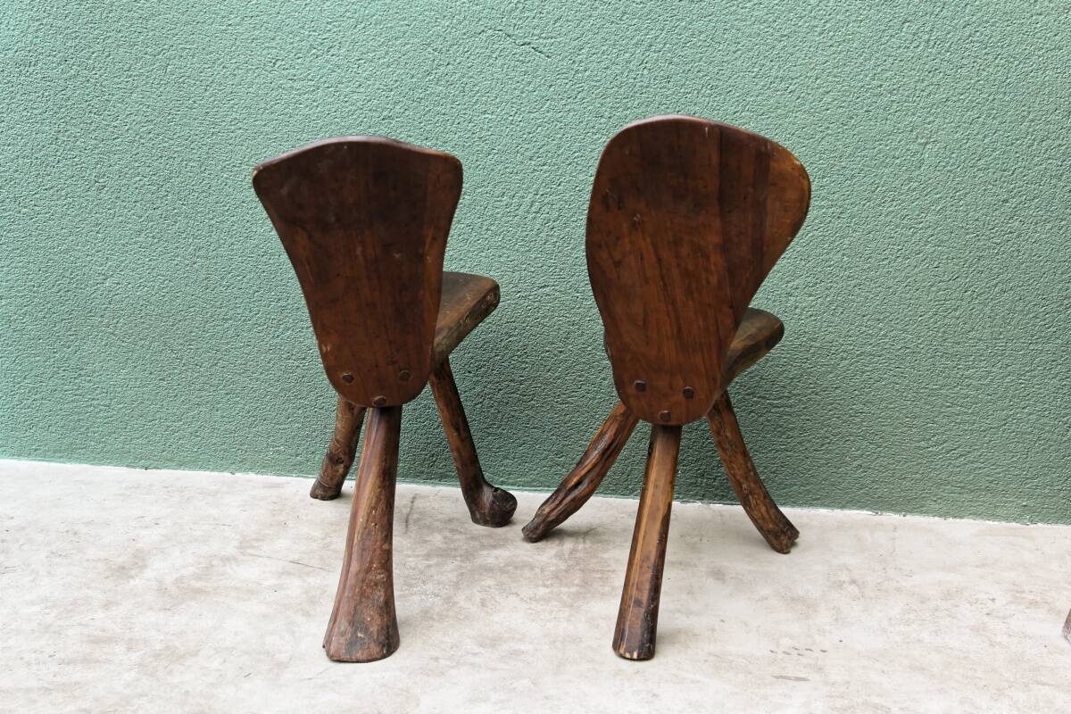Pair of brutalist chairs in raw wood