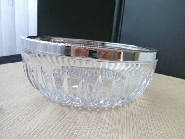 Molded pressed glass salad bowl with silver metal border
