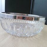 Molded pressed glass salad bowl with silver metal border