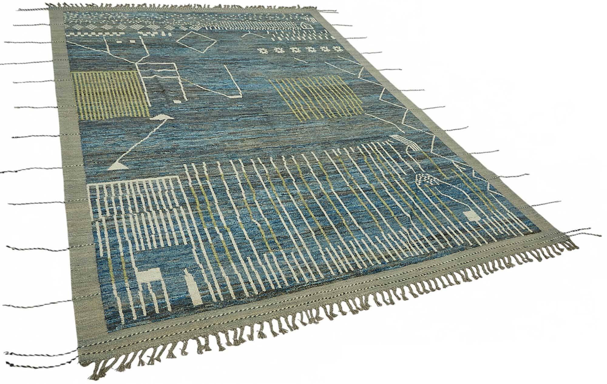 Hand-Knotted Turkish Contemporary 219 cm x 307 cm Blue Wool Carpet