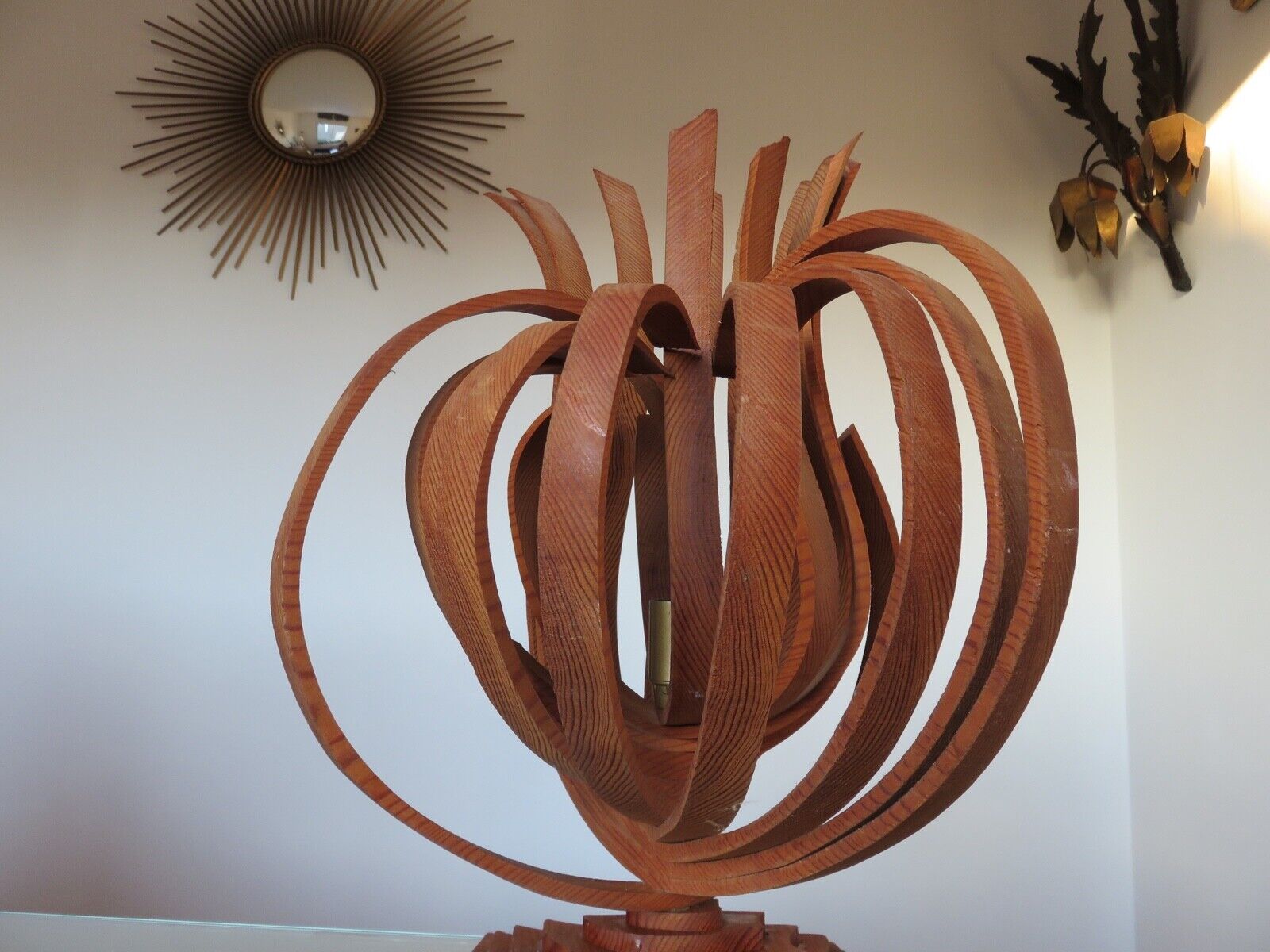 Large Scandinavian arched wooden lamp 60s 70s