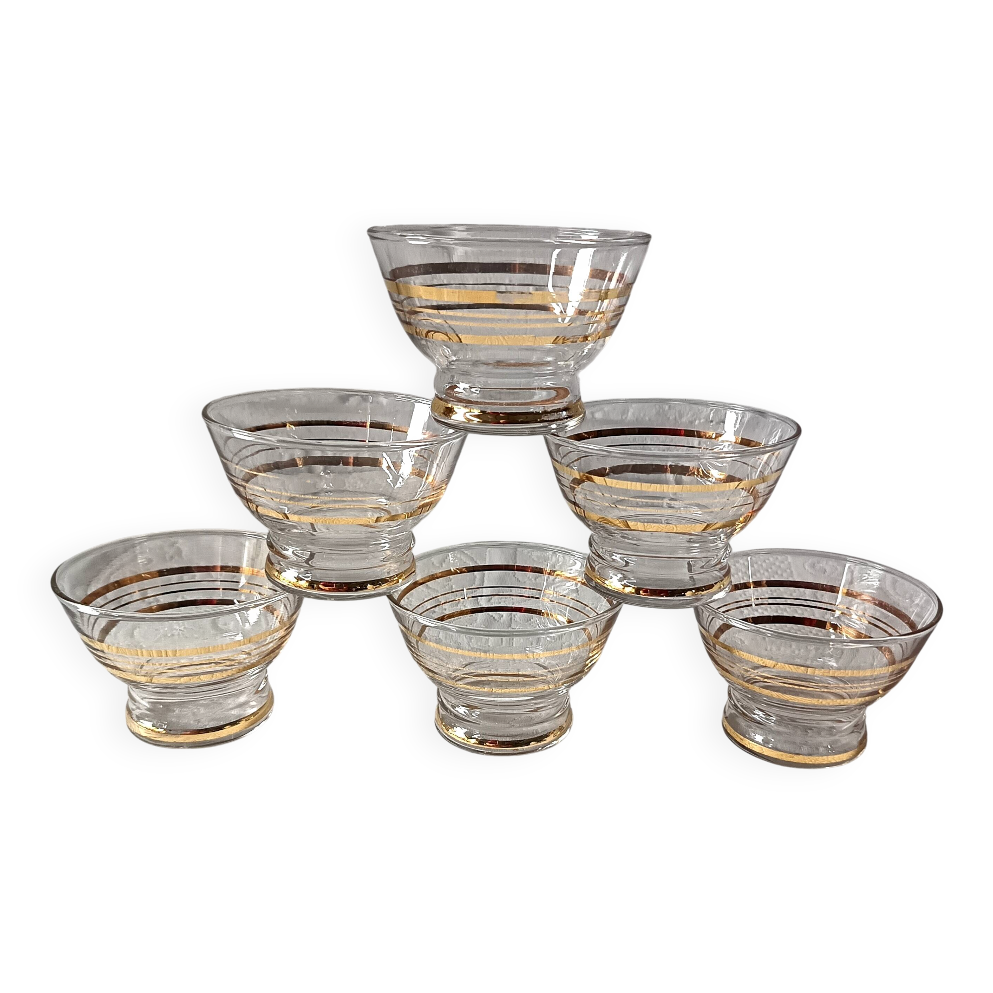 6 vintage 1950s champagne/dessert glasses with gold trim