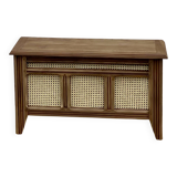 Antique oak chest with raw wood and cane work.