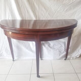 Mahogany game table and mahogany veneer, rolling half-moon console or round table.