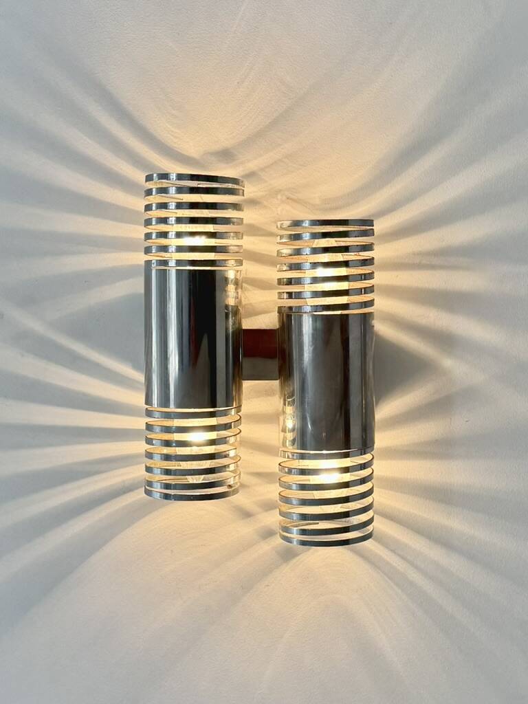 Pair of vintage double wall lights in chrome metal, France, 1970.