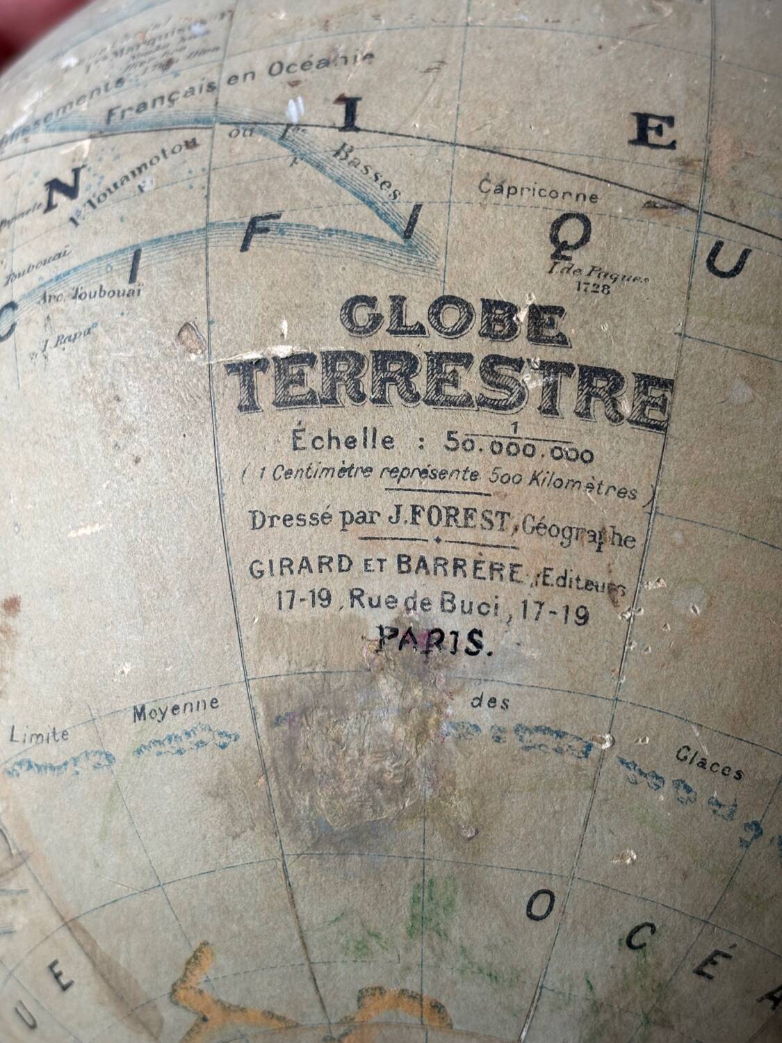 Terrestrial globe World map J. Forest, Girard and Barrere Paris 19th