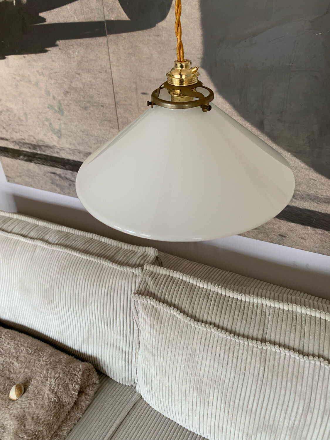 Old vintage suspension lamp in white opaline