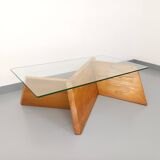 Vintage rectangular coffee table in solid elm and glass from the 80s