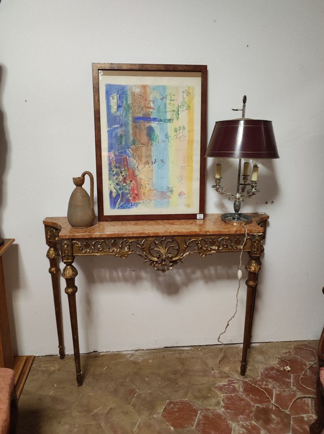 Console in gilded wood and red marble from the 1920s