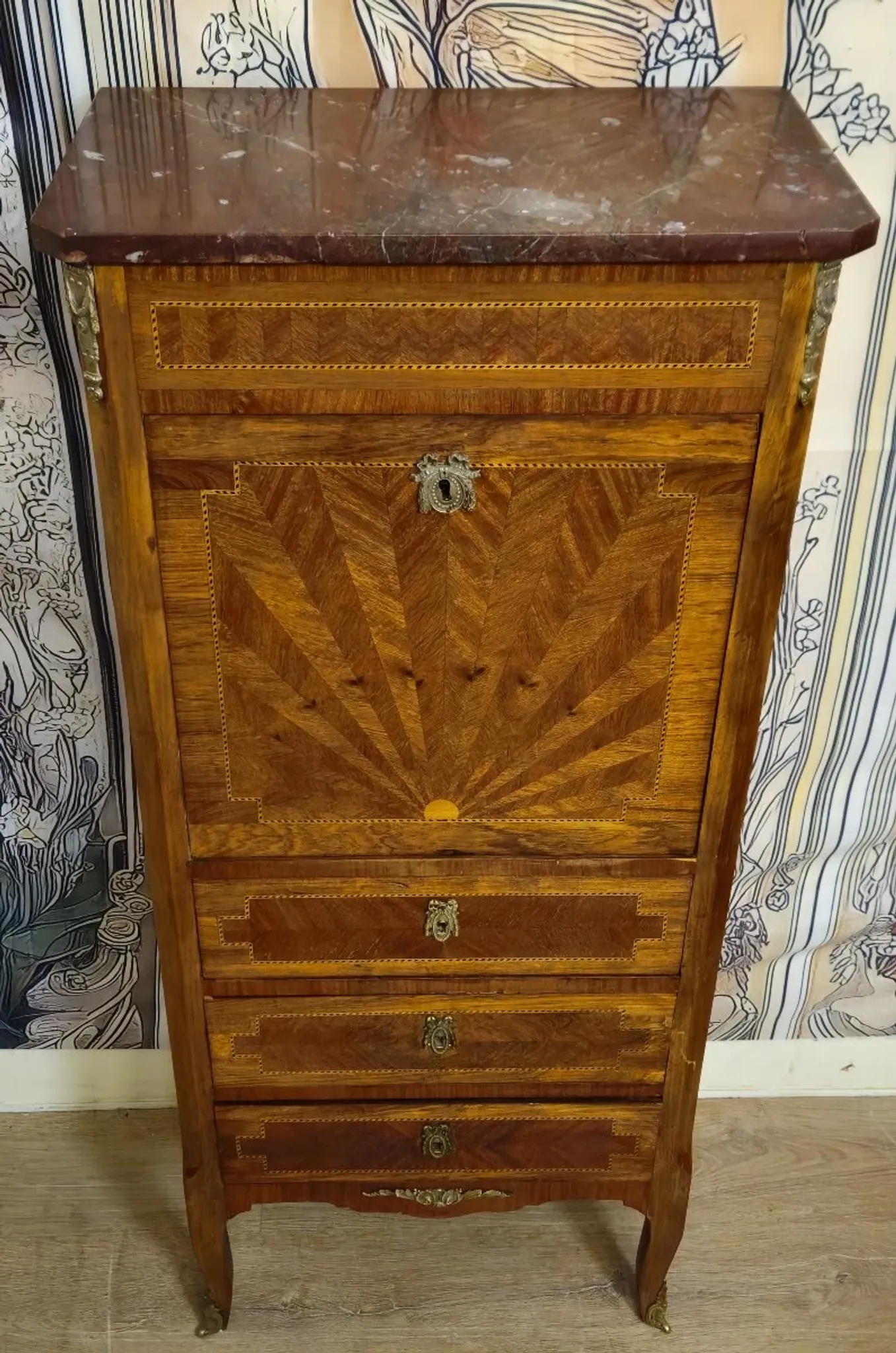 Antique marquetry secretary in Louis XV style – marble top