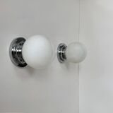Pair of vintage modernist Art Deco wall lights, chrome and opaline, France