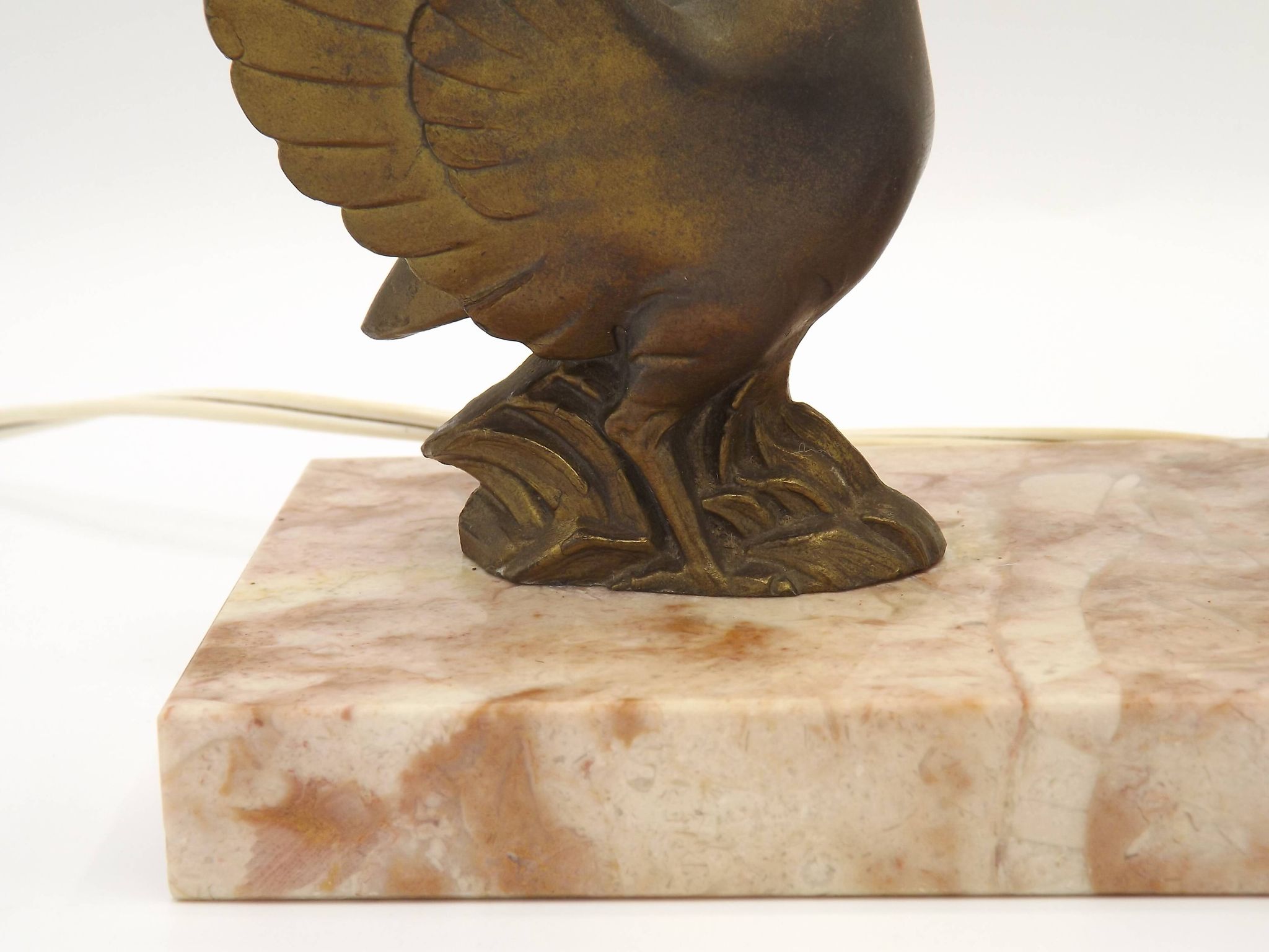 French Art Deco table lamp, bird motif, marble base, white glass globe 4477
